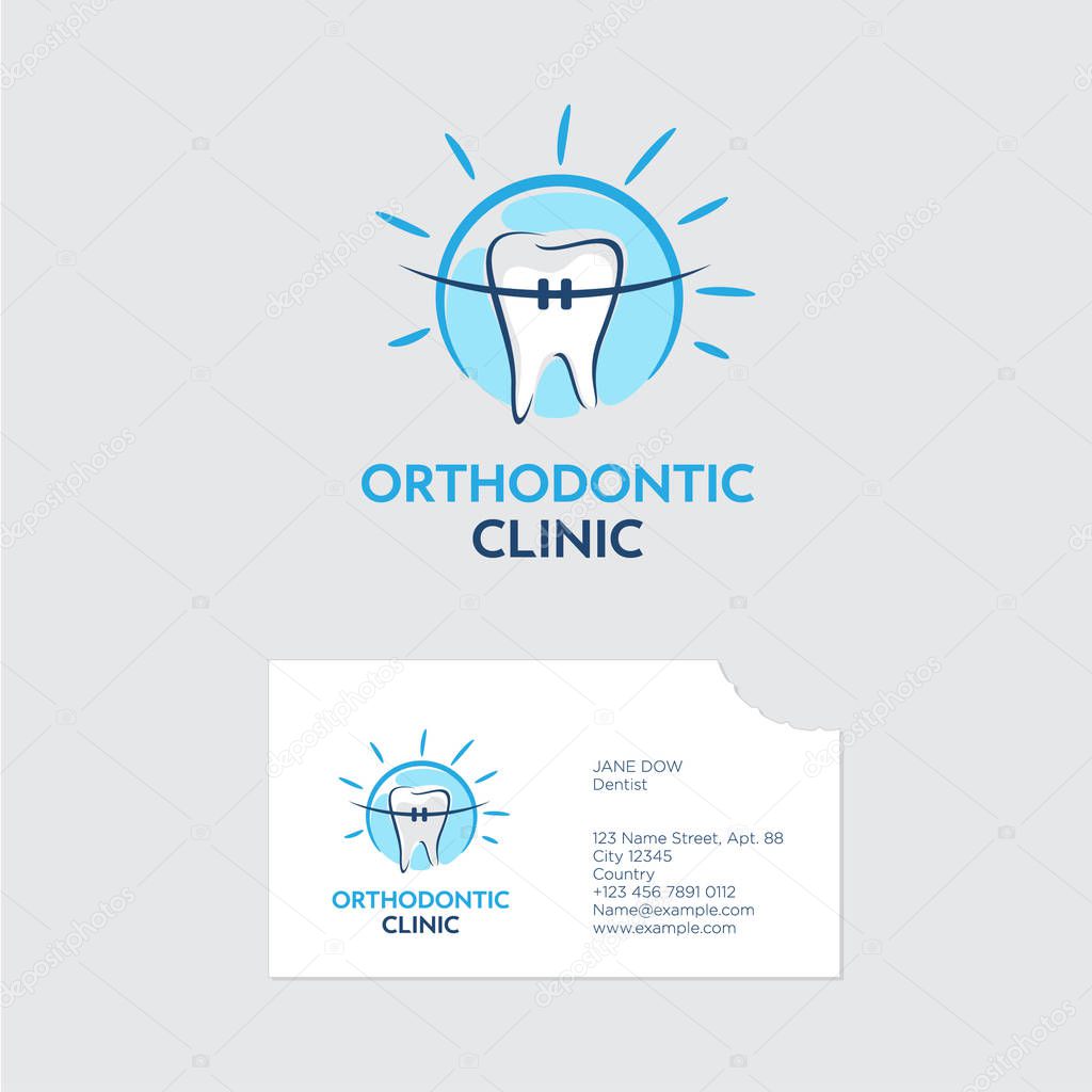 A tooth with braces in blue shine. Business card with a bite of even teeth