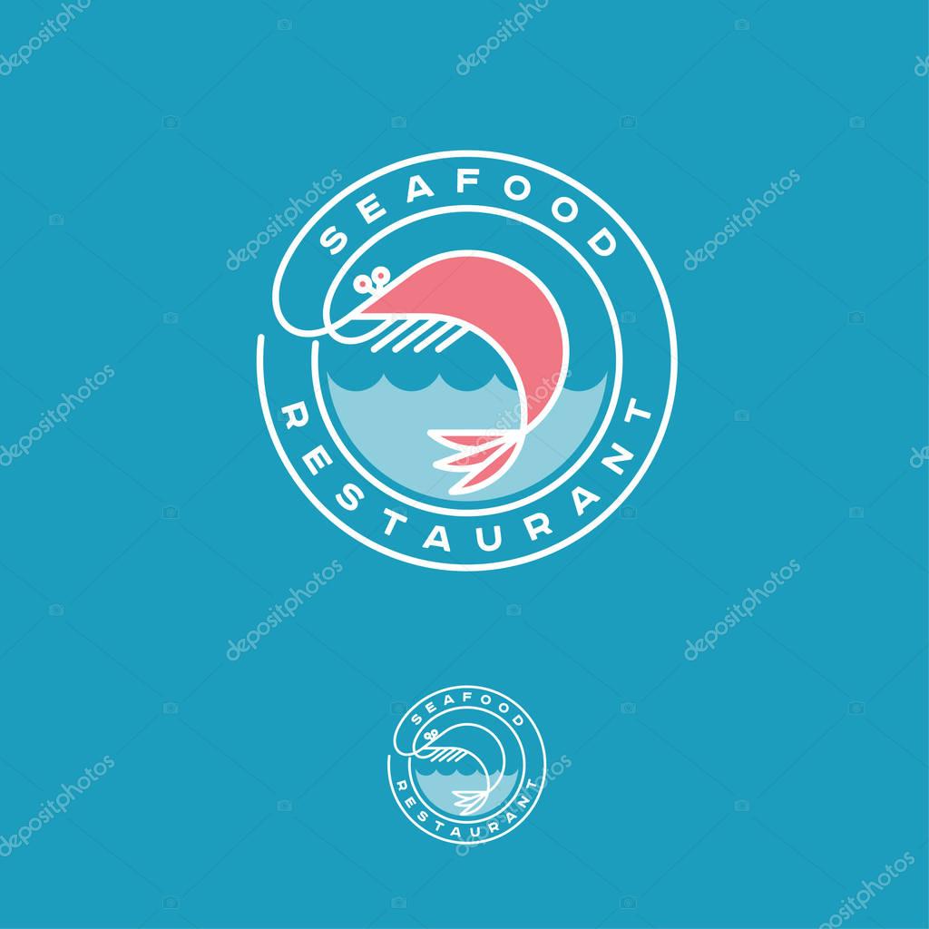 Pink shrimp with waves and letters in a circle.