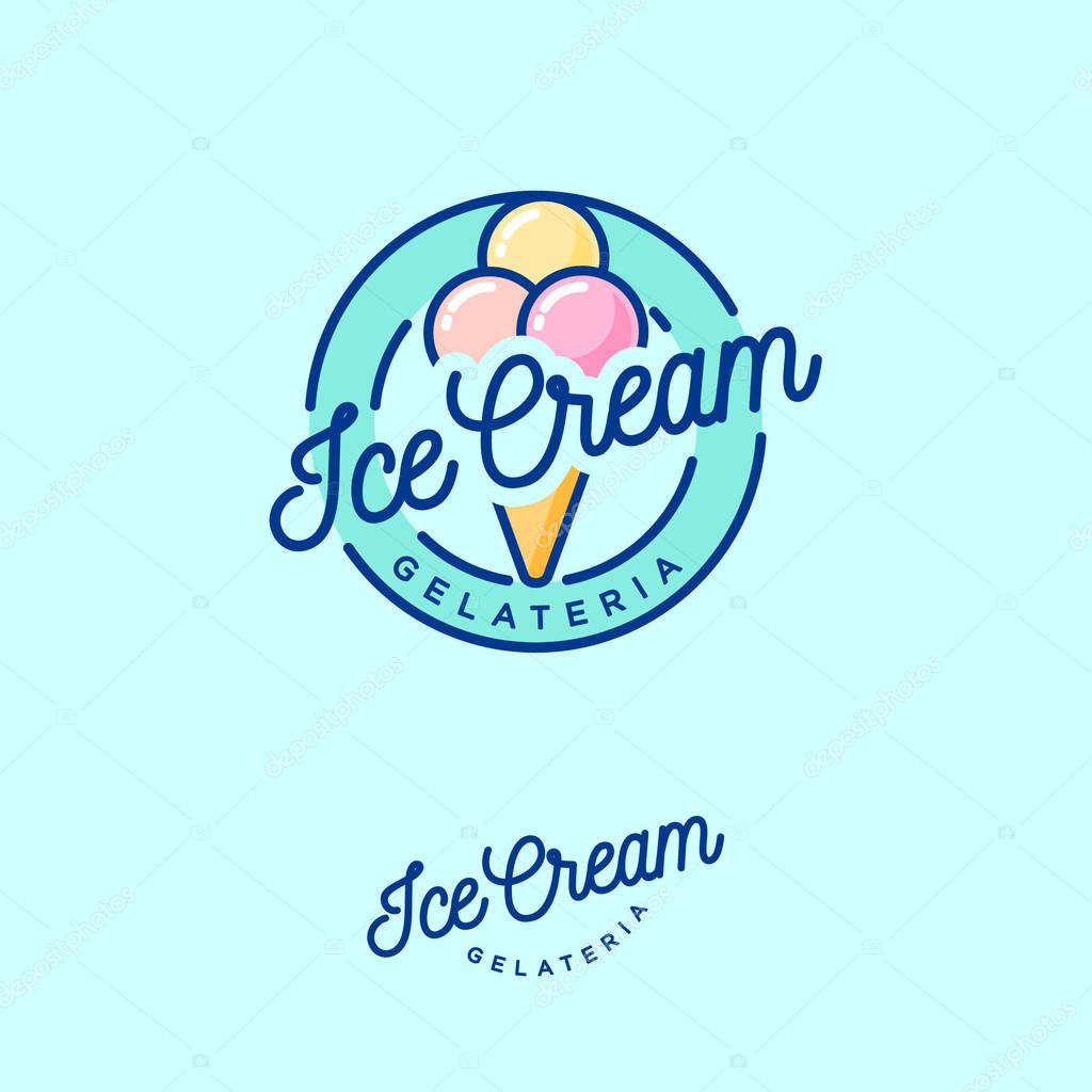 Ice cream in a waffle cone with letters in a circle.