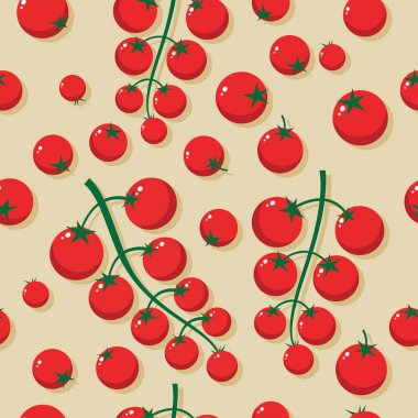 Dikişsiz desen kiraz domates. Bir tekne arka planda küçük domates. 