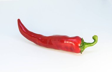Chili. Kırmızı biber ile hafif bir arka plan üzerinde yeşil bir kuyruk.