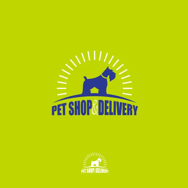 Σκυλοτροφές, κατάστημα κατοικίδιων ζώων, pet προϊόντα. Φυτώριο των terriers. Σκύλος και σπίτι με ακτίνες σε πράσινο φόντο. — Διανυσματικό Αρχείο