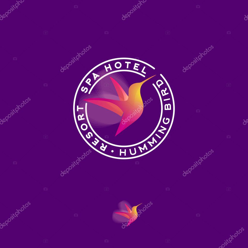 A flying bird and letters in a circle. Colibri logo. Humminbird with letters into circle.
