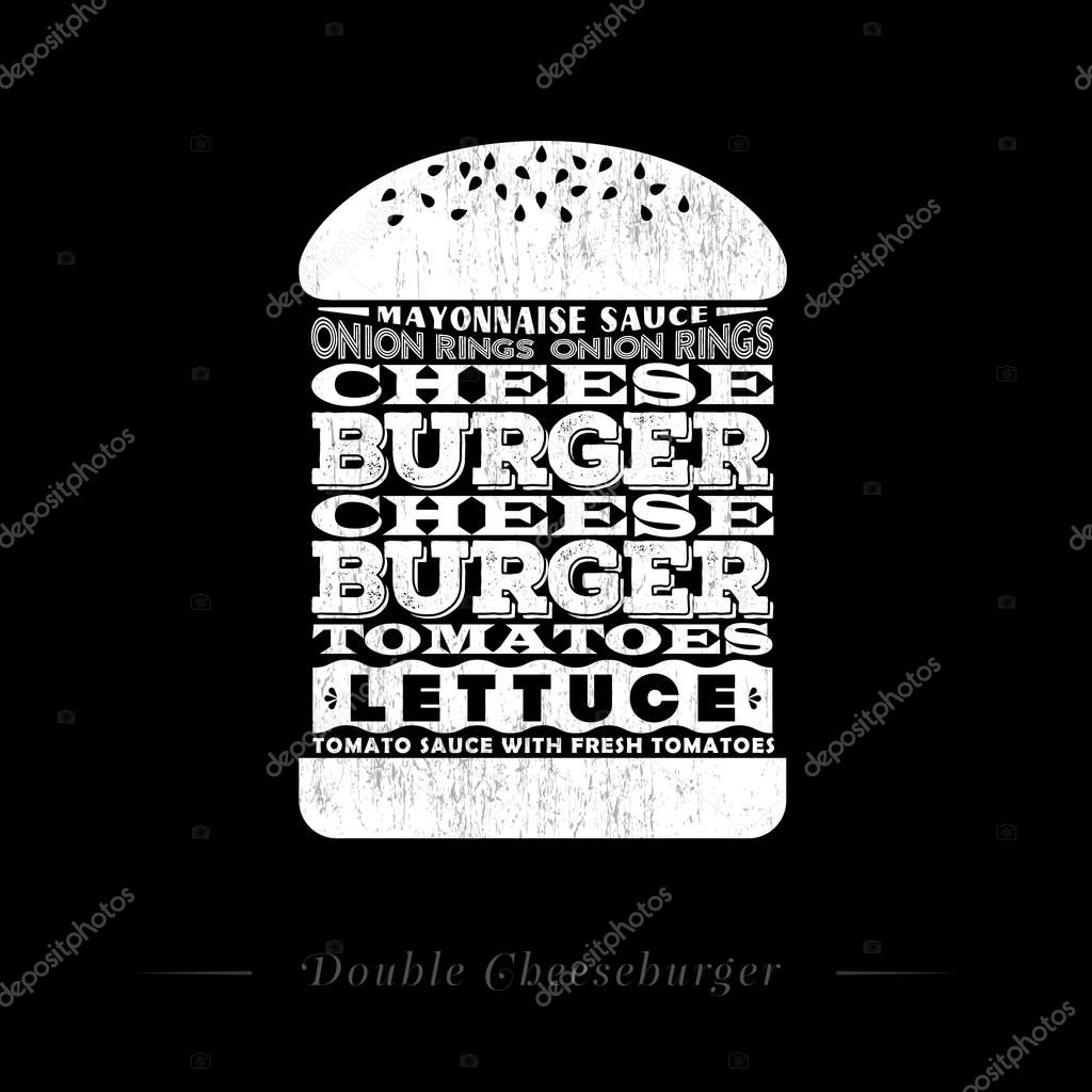 Typographic illustration. Two Burger, mayonnaise sauce, tomatoes, cheese, lettuce, tomato sauce, onion, bun.