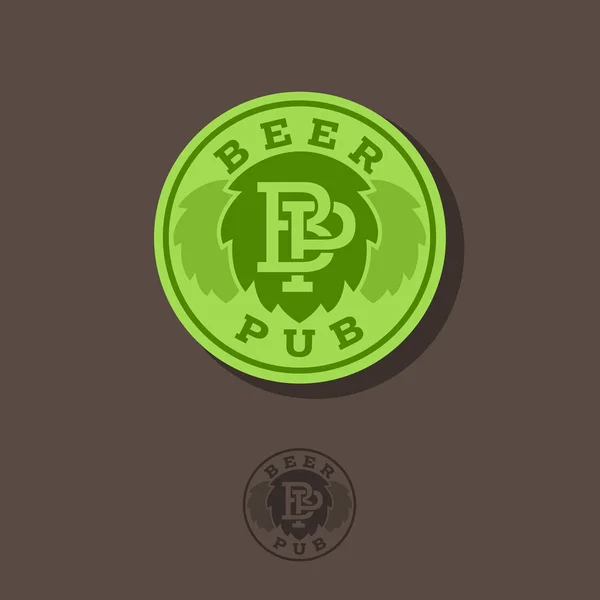 パブのロゴ ビールのパブのエンブレム ホップと緑色の円の文字 の文字 — ストックベクタ