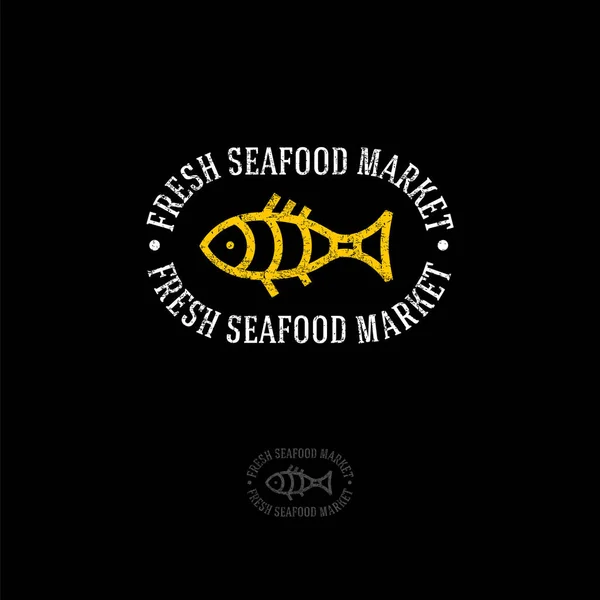 โลโก ตลาดอาหารทะเลและปลาสด านขายปลาหร านอาหาร ปลาและต กษรในป ายกลม — ภาพเวกเตอร์สต็อก