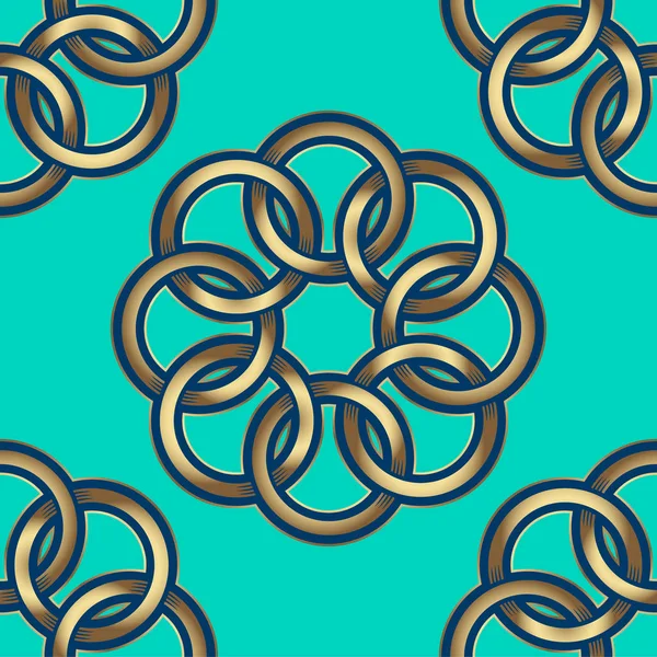 Nahtloses Muster Goldene Blumen Auf Grünem Hintergrund Ringe Weben Design — Stockvektor