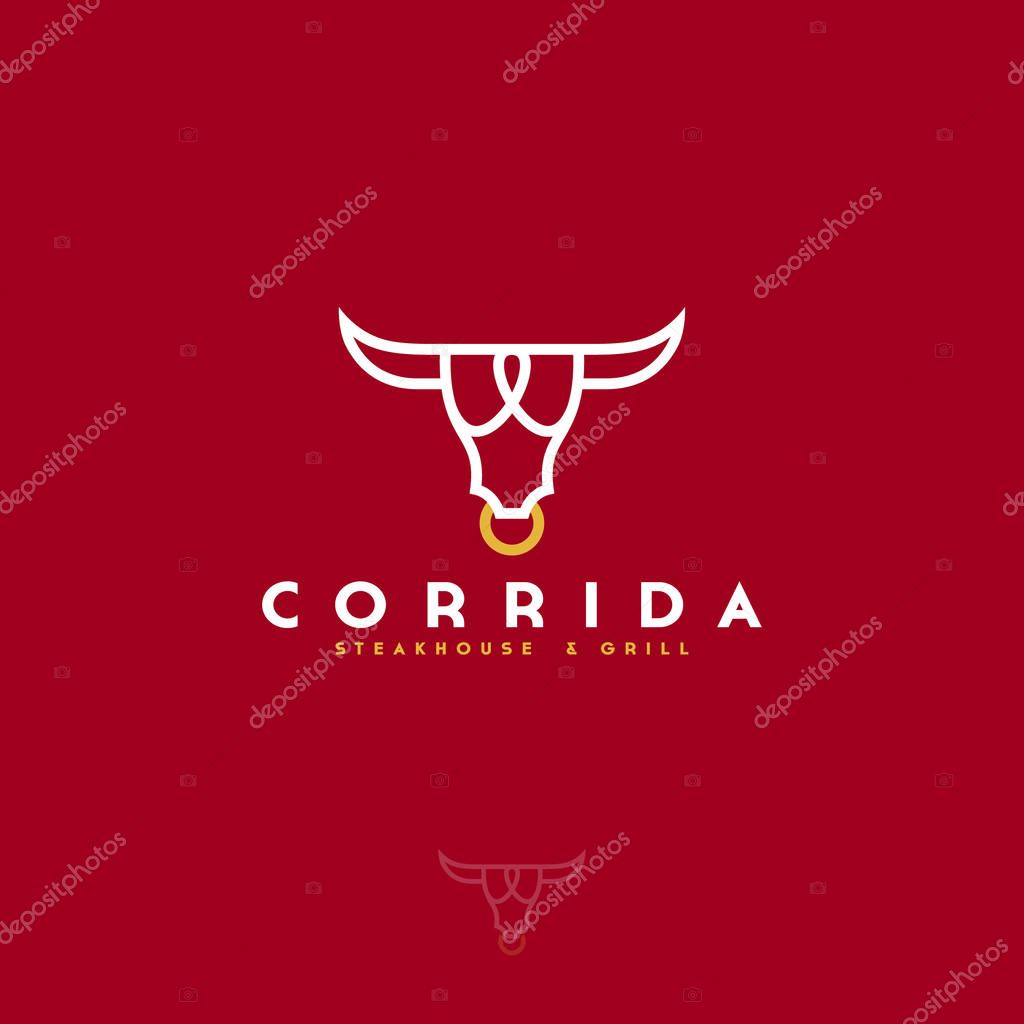 Corrida logo. Logo steak house. Meat restaurant emblems. The stylized head of a bull and letters.
