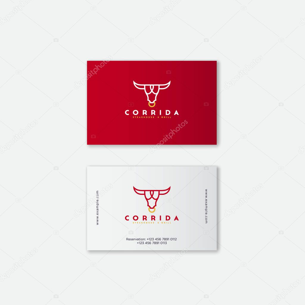 Logo steak house. Meat restaurant or butchery emblems. Identity. Business card. The stylized head of a bull and letters.