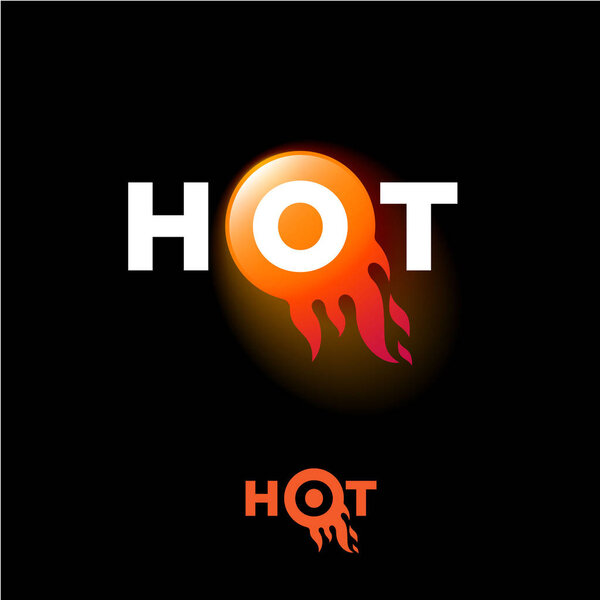 Hot logo. Letters and fireball. Orange meteor on a dark background. Internet, games, marketing, delivery icon.