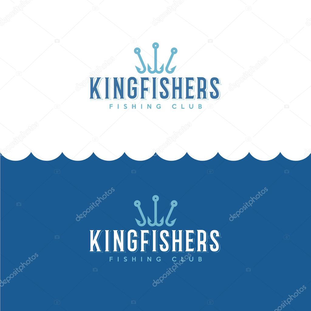 Kingfisher logo. Fishing or fishing equipment store logo. Fishermen's Club of the Emblem. Fishing is a sport club. Hooks as a crown and letters.