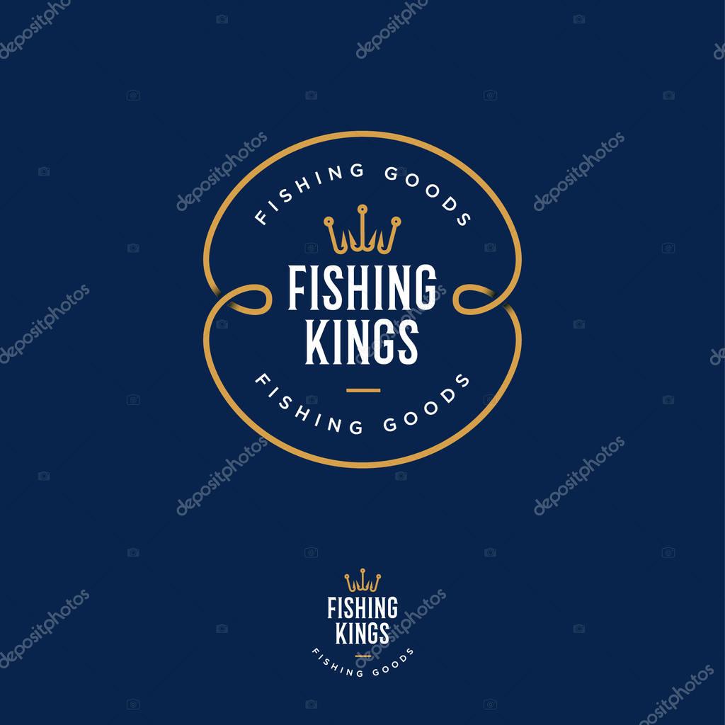 Fishing Kings logo. Fishing or fishing equipment store logo. Fisher Club emblem. Fishing sport club. Hooks as a crown and letters.