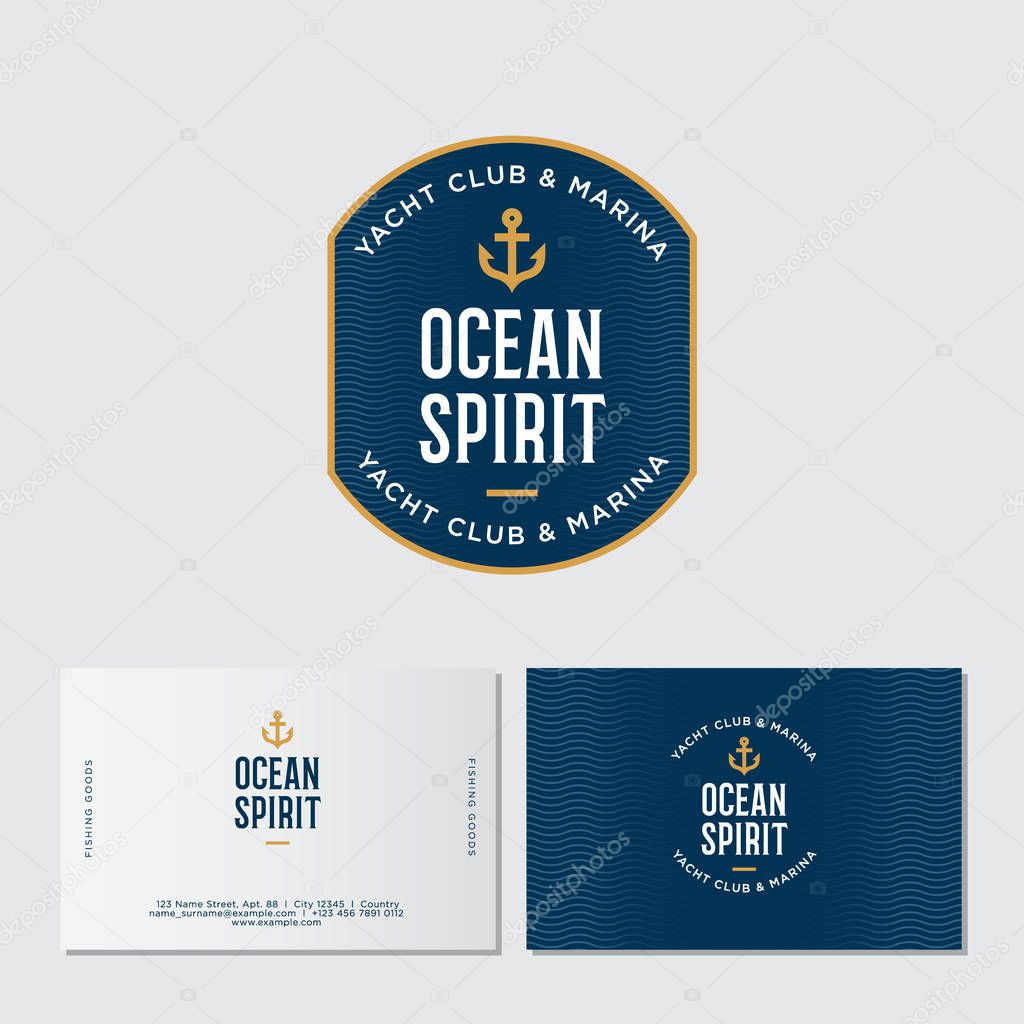 Yacht club logo. Ocean spirit emblem. Fisher Club emblem. Letters and an anchor on a blue badge with waves. Identity. Business card.