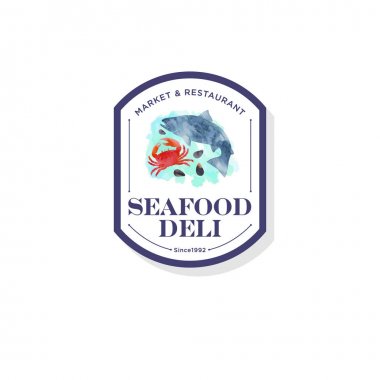 Deniz ürünleri restoran ve Pazar logo. Kırmızı yengeç, kabuklar, somon balık suluboya resim.