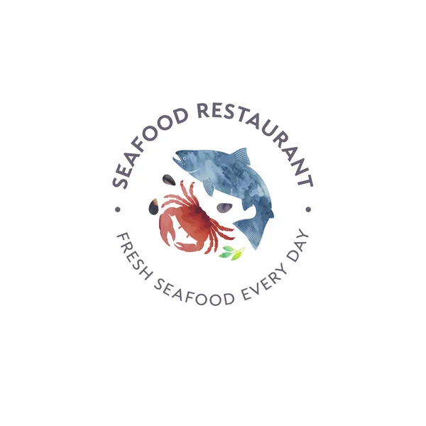 Seafood Restaurant Market Logo Red Crab Shells Salmon Fish Watercolor — Stock Vector
