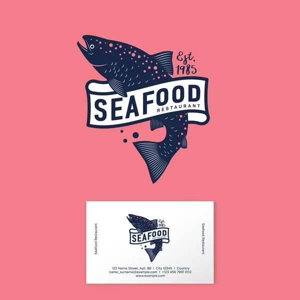 Fisch Und Meeresfrüchte Logo Fischrestaurant Lachs Und Schleife Mit Buchstaben — Stockvektor