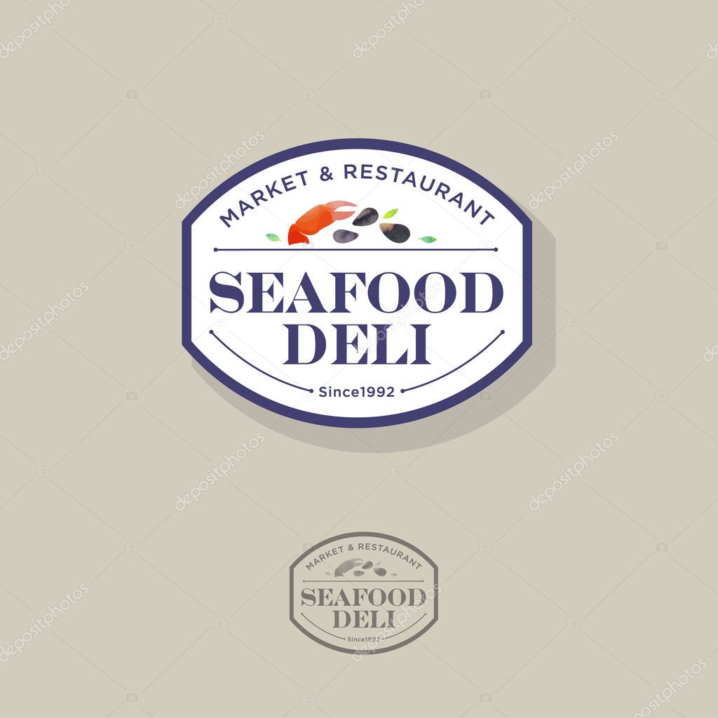 Seafood restaurant and market logo. Red crab claw and shells watercolor illustration emblem.