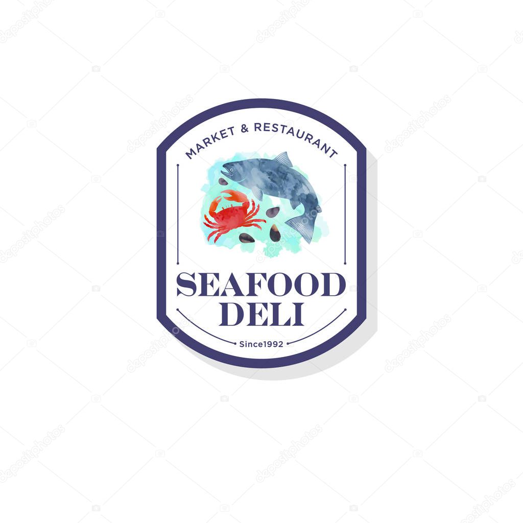 Seafood restaurant and market logo. Red crab, shells, salmon fish watercolor illustration.