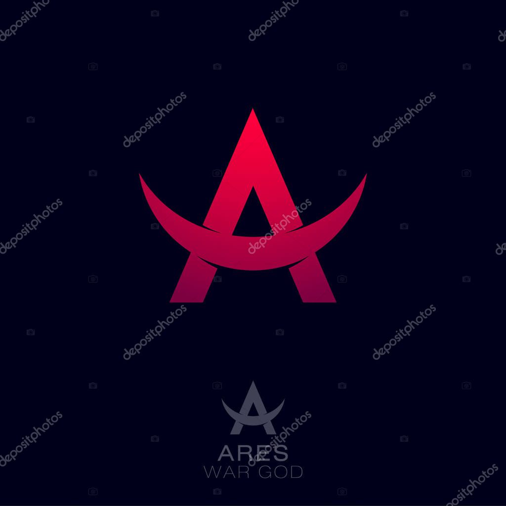 Ares logo. Greek war god of the emblems. Red letter A with bull horns.