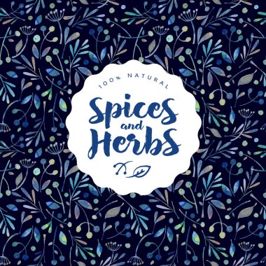 Otlar ve baharatlar logosu. Sulu Boya Dikişsiz desen otlar ve baharatlar. Ambalaj veya kağıt ambalaj.