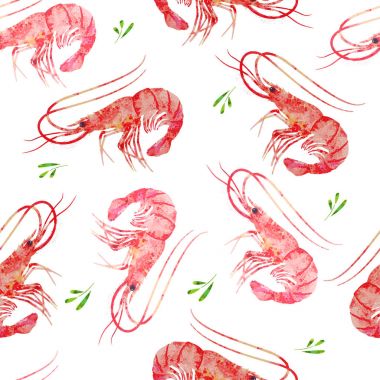 Seamless modeli deniz ürünleri. Karides veya karides suluboya resim.