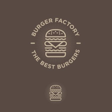 Burger fabrika logosunu görmeniz gerekir. Hamburger Restoran amblemi. Doğrusal düz logosunun. Büyük hamburger ve karanlık bir arka plan üzerinde harfler.