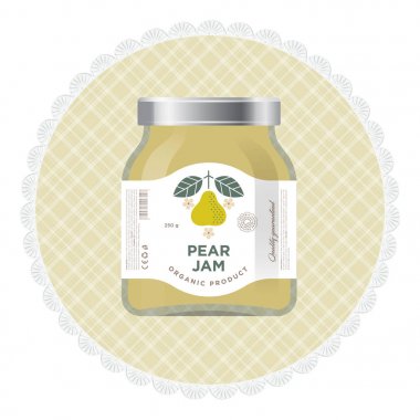 Armut Reçeli etiket ve ambalaj. Premium tasarım. Düz orijinal illüstrasyon ve jar minimalist etiketinde metinler.