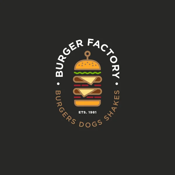 Burger Fabrik Logo Hamburger Restaurant Emblem Farbige Lineare Flache Logo — Stockvektor