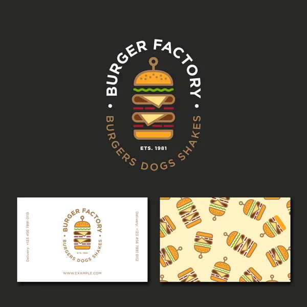 Burger Fabrik Logo Hamburger Restaurant Emblem Farbige Lineare Flache Logo — Stockvektor