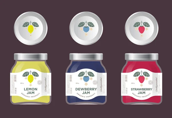 Three labels fruit jam. Lemon, dewberry, strawberry jam labels and packages. Premium design. The flat original illustrations and texts on the minimalist labels on the jar with caps.