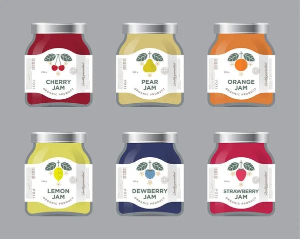 Six Labels Fruit Jam Labels Cherry Pear Orange Lemon Dewberry — Stock Vector
