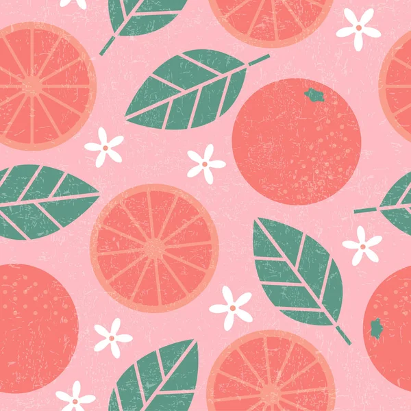 Vzor Bezešvé Růžový Grapefruit Šťavnaté Plody Listy Květy Omšelé Pozadí — Stockový vektor