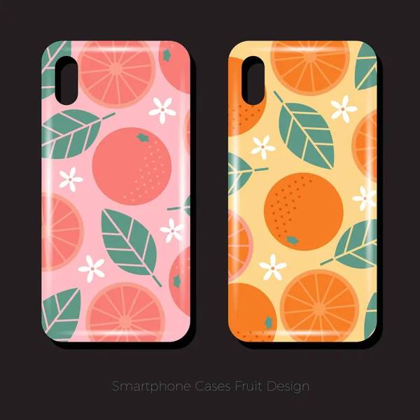スマート フォン ケース フルーツ デザイン 葉とピンクの背景の花を持つグレープ フルーツのジューシーなフルーツ パターン 葉と花緑の背景にオレンジ色のパターン — ストックベクタ