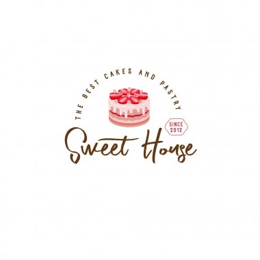 Şirin bir evi logosu. Kek amblemi. Ekmek pasta ve Cafe logo. Çilek ile güzel bir pasta. İşareti veya fırın ekmek üreticileri.