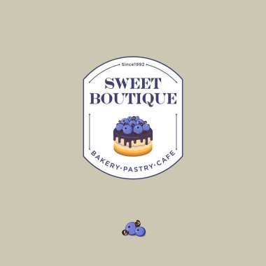 Tatlı butik logosunu görmeniz gerekir. Kek amblemi. Ekmek pasta ve Cafe logo. Yaban mersini işareti ile güzel bir pasta.