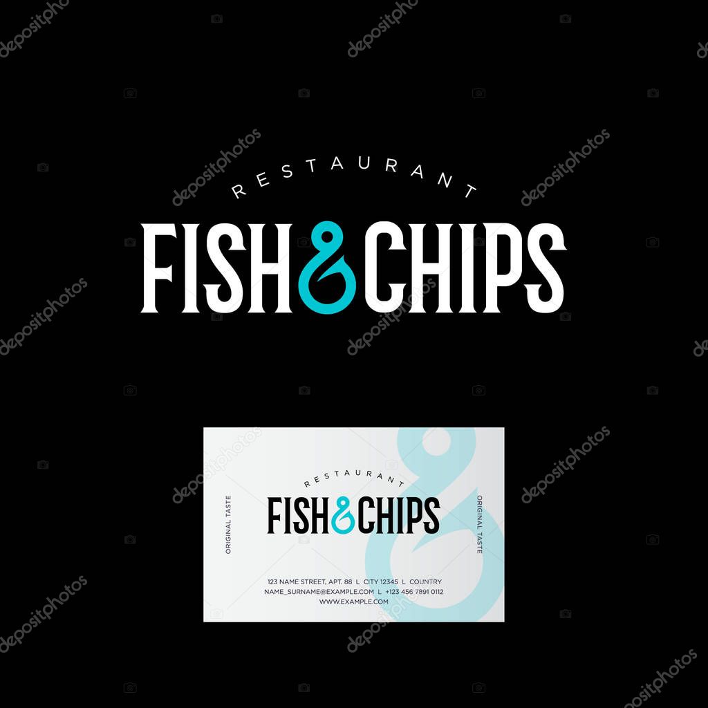 Fish restaurant logo. Seafood kitchen. Fish and chips logo. Letters and a fish hook. Business card.