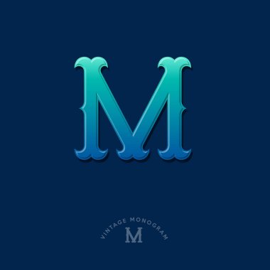 M monogram. Mavi-yeşil degrade M harfleri ilk. Tipografi. Yazı tasarım.