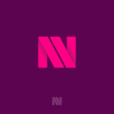 Norigami monogramı. Pembe kurdeleler N harfi baş harfi gibi. Ağ simgesi. Tipografi. Harf tasarımı.