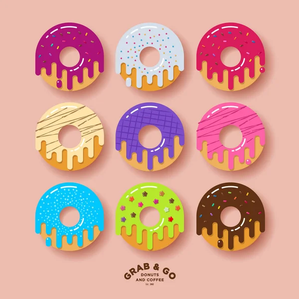 Donuts Symbole Bunte Verschiedene Donuts Mit Schokolade Marmelade Und Kleinen — Stockvektor