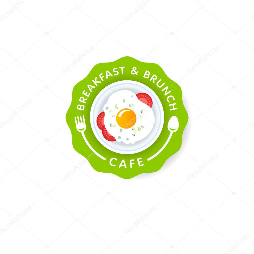 Breakfast and Brunch cafe logo. Fried egg and vegetables on a white plate with a fork and spoon. Breakfast and brunch restaurant emblem.