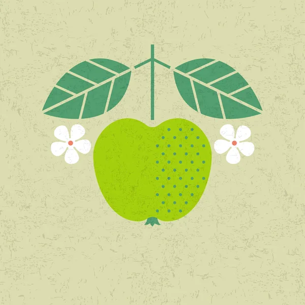 Apfelillustration Apfel Mit Blättern Und Blüten Auf Schäbigem Hintergrund Flache — Stockvektor