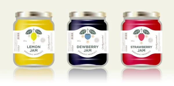Three Labels Fruit Jam Lemon Dewberry Strawberry Jam Labels Packages — Stock Vector