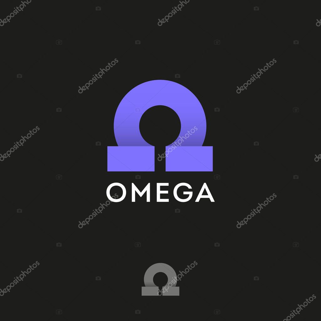 Omega Greek letter. Omega origami logo, like ribbon. Abstract monogram.