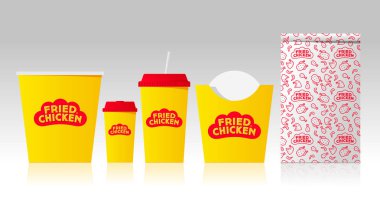 Kızarmış tavuk logo ve kimlik. Bir formu kırmızı horoz tarak gibi harfler. Gıda paketleri alay. Kurumsal kimlik şablonu ile fast food Restoran kalıbı tanımlar. İş kırtasiye mock-up logo örnek ile. Dizi kağıt torba, kupa, vb. 