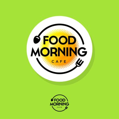 Gıda sabah logosunu görmeniz gerekir. Kahvaltı Cafe amblemi. Kızarmış yumurta gibi güneş, çatal ve kaşık yeşil bir arka plan üzerinde. Tipografi. Yazı tasarım.