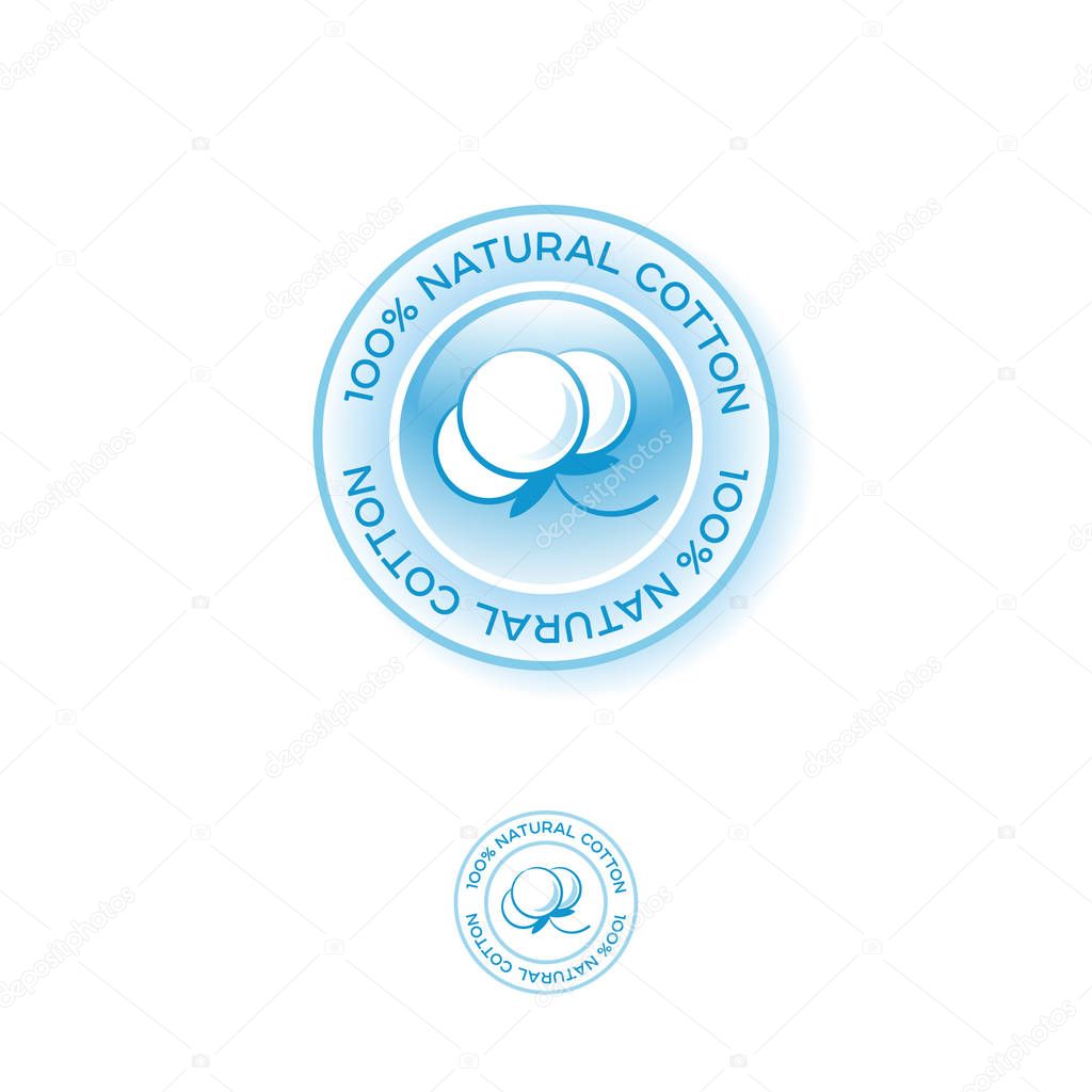 100% natural cotton logo. Cotton emblem. Round emblem with an organic cotton in a blue circle with letters. For natural textile and medical dressings.