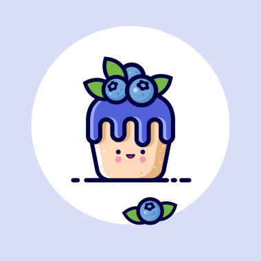 Yaban mersini şuruplu kek ve bütün yaban mersini. Lezzetli tatlı ikonu. Şirin kawaii illüstrasyonu. Japon tarzı. 