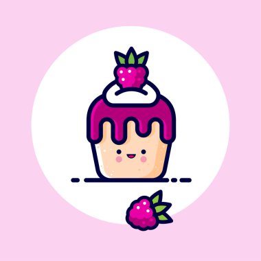 Kremalı kek, ahududu şurubu ve bütün ahududu. Lezzetli tatlı ikonu. Şirin kawaii illüstrasyonu. Japon tarzı. 