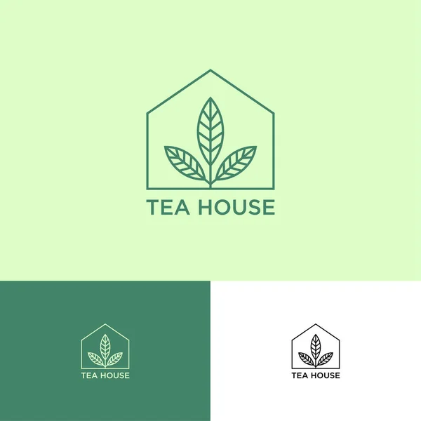 ティーハウスのロゴ ティーショップのエンブレム 異なる背景の小さな家に緑の葉 — ストックベクタ