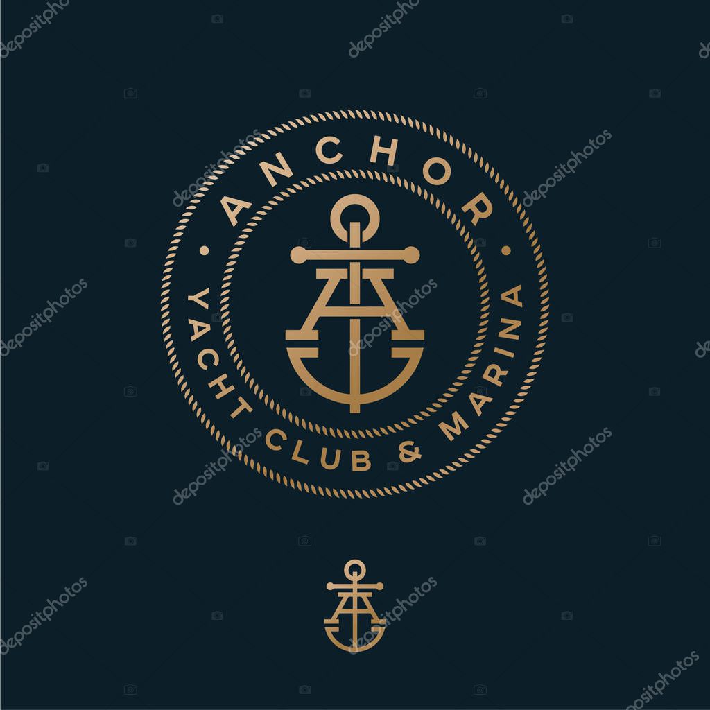 A monogram. Anchor logotype. Logo of yacht club, maritime emblem. Crossed letter A and anchor into rope circles.